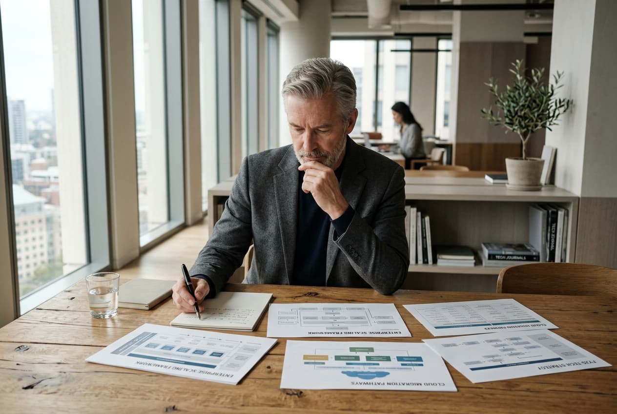 Senior strategist analyzing system scaling blueprints and digital product flows in a calm luxury office environment