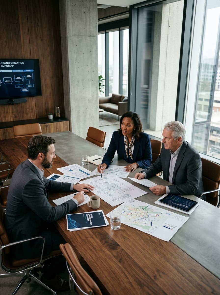 Three corporate and technology leaders collaborating on digital transformation in a premium architectural boardroom office