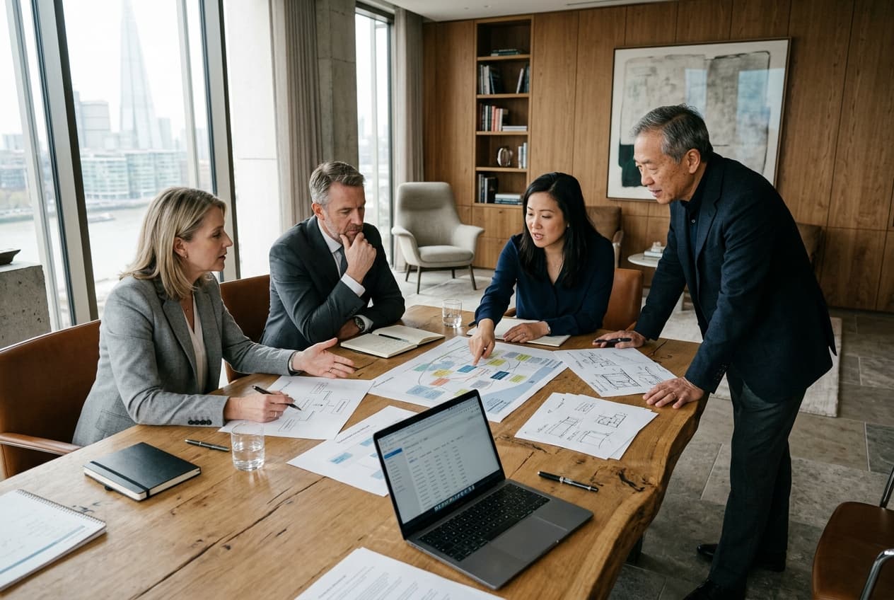 Senior digital transformation leaders discussing diagram workflows and digital strategies around a wooden meeting table in an architectural quiet luxury boardroom studio